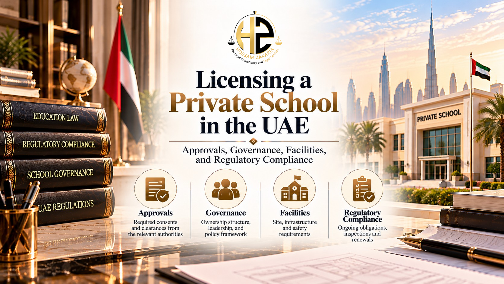 Licensing a Private School in the UAE Private school campus plans, regulatory folder and safety checklist with a subtle UAE skyline