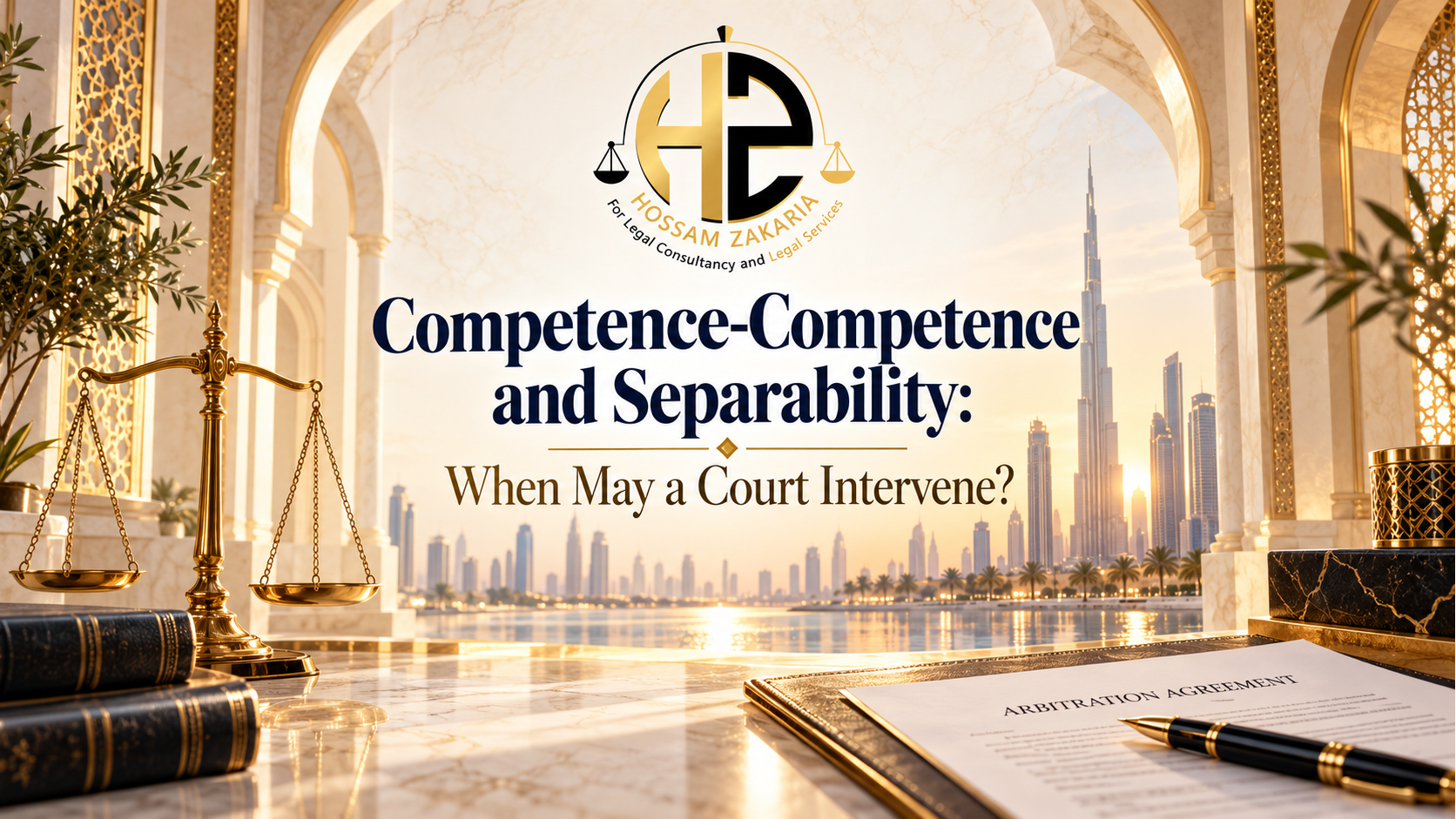 Competence-Competence and Separability in the UAE Premium editorial legal still life representing UAE arbitration jurisdiction, separability and court intervention
