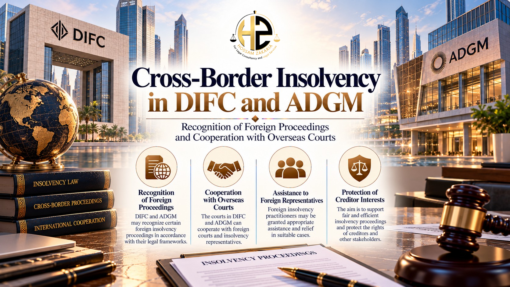 Cross-Border Insolvency in DIFC and ADGM: Recognition of Foreign Proceedings and Cooperation with Overseas Courts Premium legal-finance still life representing cross-border insolvency in DIFC and ADGM, with international files, a globe and balance scales