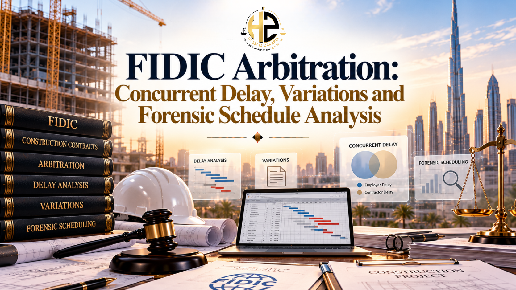 FIDIC Arbitration and Forensic Schedule Analysis Premium legal editorial cover showing a FIDIC construction schedule, concurrent delay paths and forensic analysis in UAE arbitration