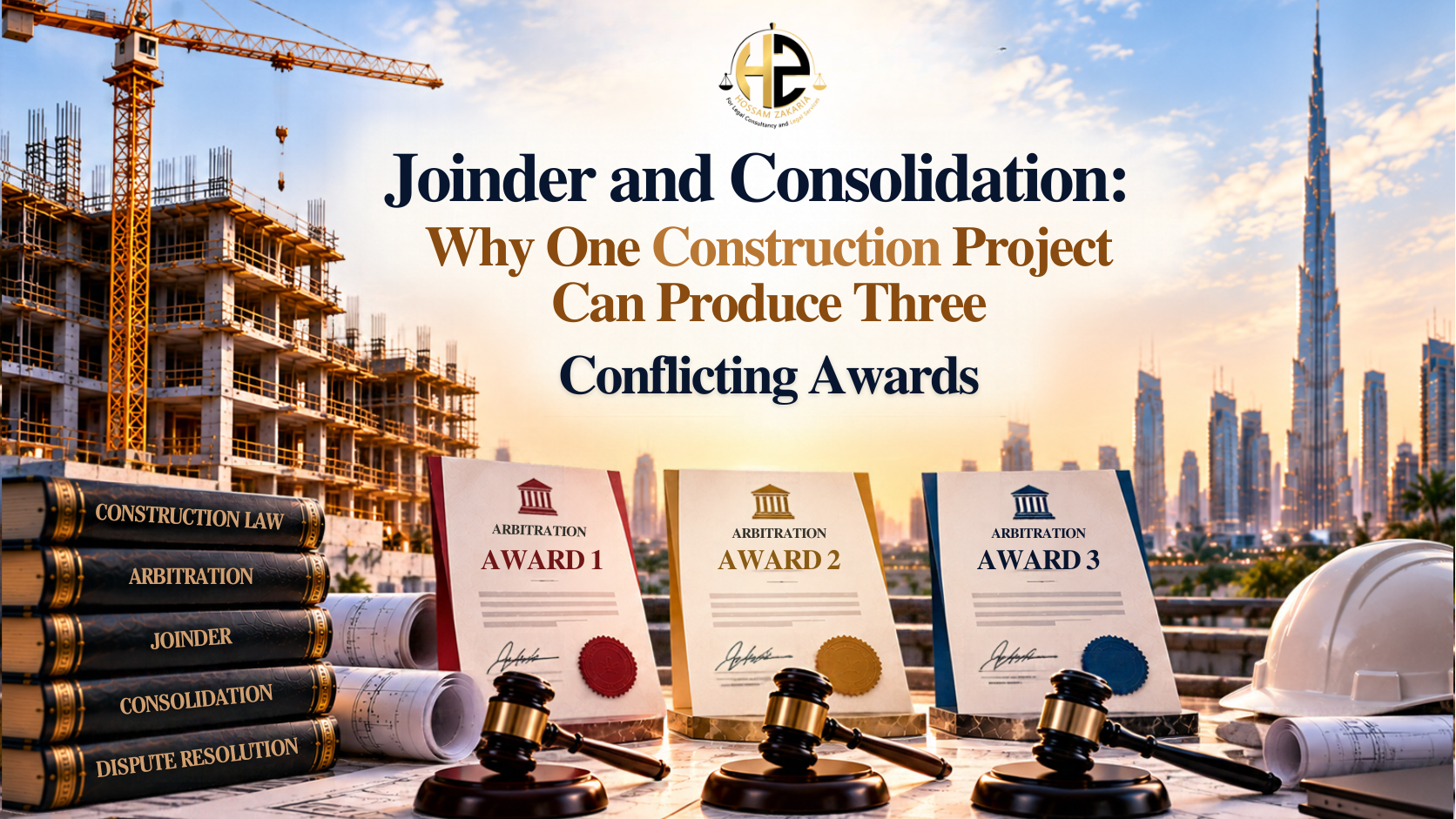 Joinder and Consolidation in Construction Arbitration Premium legal editorial cover showing one UAE construction project branching into three conflicting arbitral awards