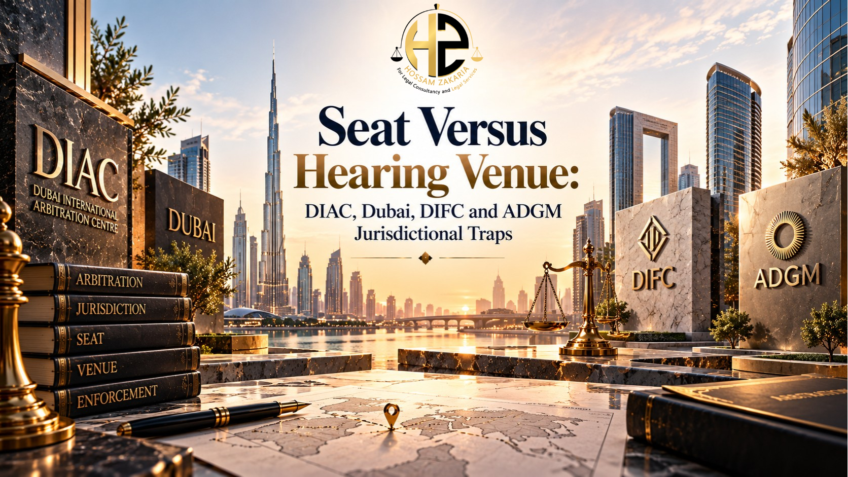 Seat Versus Hearing Venue in UAE Arbitration Premium editorial legal still life representing UAE arbitration seat, hearing venue and Dubai DIFC ADGM jurisdiction