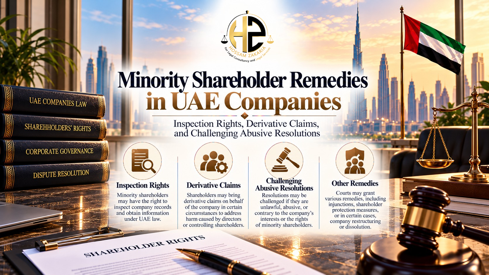 Share Pledges in UAE LLCs Gold padlock on UAE LLC pledge documents with legal scales and a city skyline