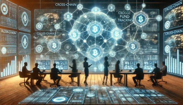 Professionals tracking cross-chain transactions on holographic screens