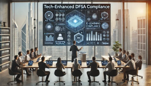 High-tech DFSA compliance training in Dubai with digital tools and engaged participants