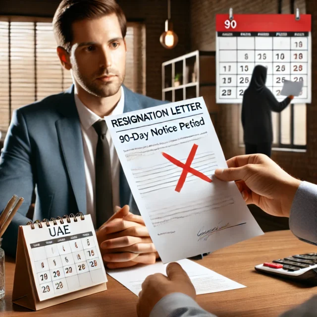 A professional setting where an employee hands over a resignation letter to an employer in a modern office. In the background, symbols like a calendar and a salary slip can be seen, representing the 90-day notice period and salary. The employee's expression is calm and confident, while the employer reviews the letter. The scene reflects a legal and formal process under UAE labor law.