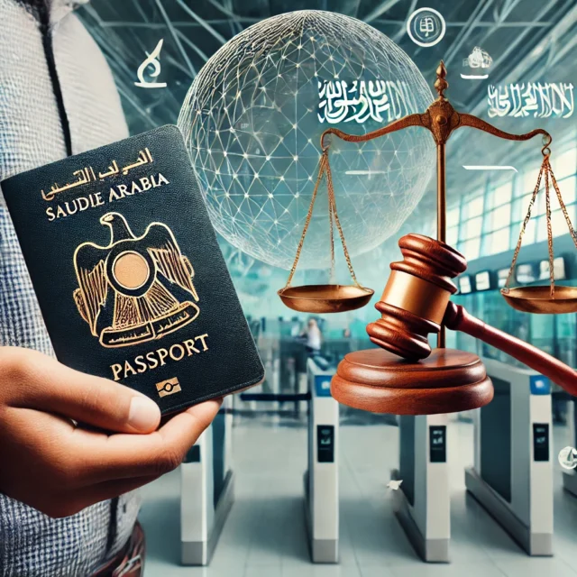 A traveler at an airport checkpoint holding a passport with legal symbols like a gavel and balance scales in the background, representing travel restrictions between the UAE and Saudi Arabia due to ongoing legal cases.