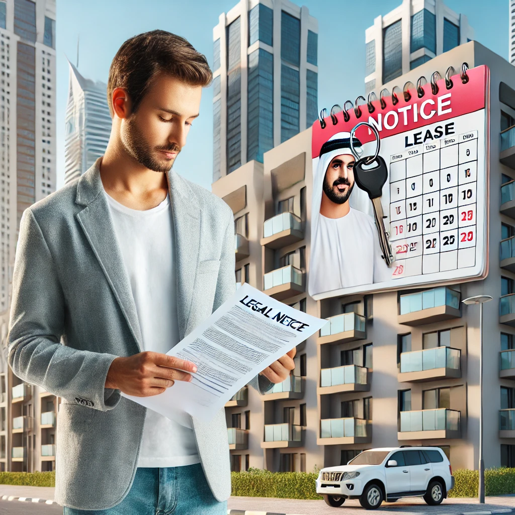 A scene showing an individual holding a legal notice, standing outside a residential apartment building in Ajman. The background includes modern buildings typical of the UAE, with a focus on the legal document in hand, symbolizing the notice to vacate. The individual appears thoughtful, contemplating the next steps, with elements like a calendar and keys representing the leasing process.