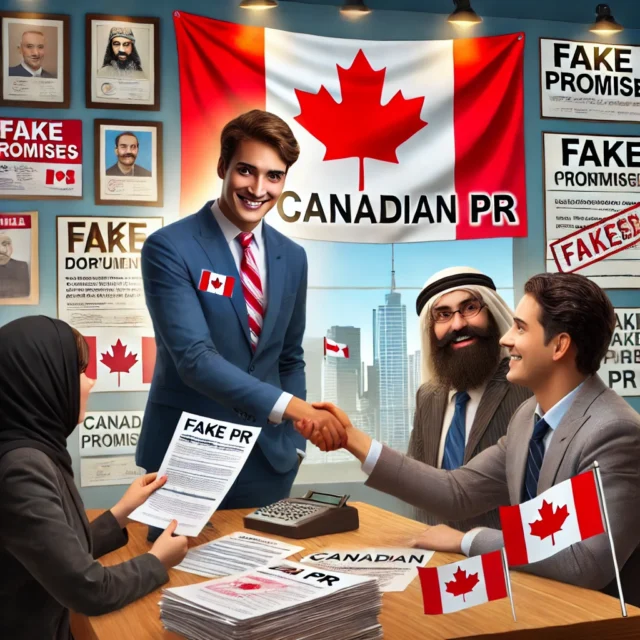 Customers at a fraudulent immigration consultancy being misled with fake Canadian PR promises, featuring a suspicious consultant and fake documents.