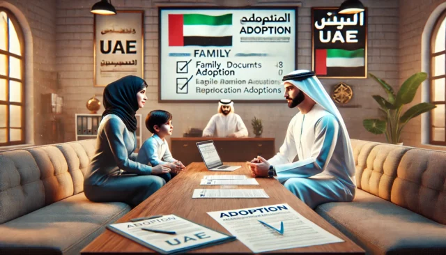 A couple consults a legal advisor about adoption in the UAE with guidelines and documents on a table.