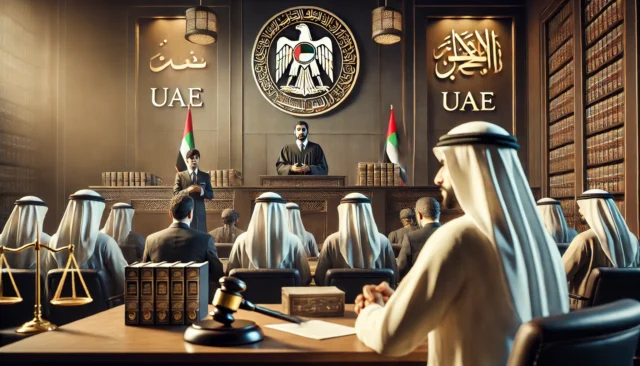 UAE courtroom with a judge, lawyers, and defendant