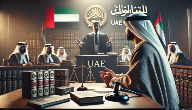 UAE courtroom with a judge overseeing lawyers during a judicial dispute, documents and evidence displayed.