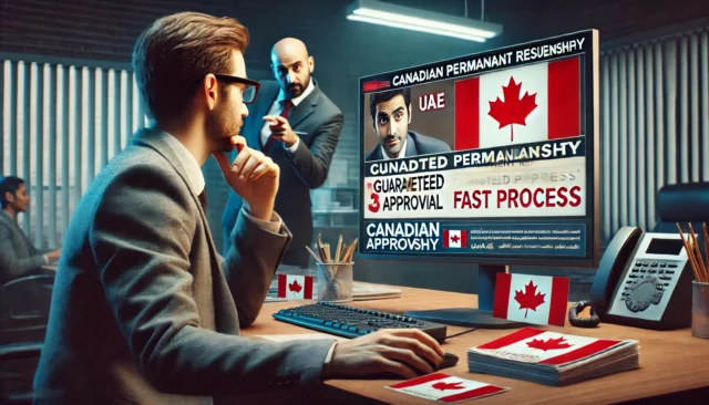 Professional office setting in the UAE with a person reviewing a suspicious Canadian residency offer on screen.