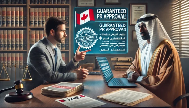 A legal advisor in the UAE discusses a suspicious Canadian PR offer with a client holding a document.