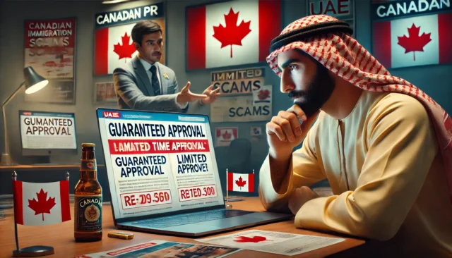 A person in a UAE office reviews a suspicious Canadian PR ad on a laptop, with brochures and scam warnings visible.