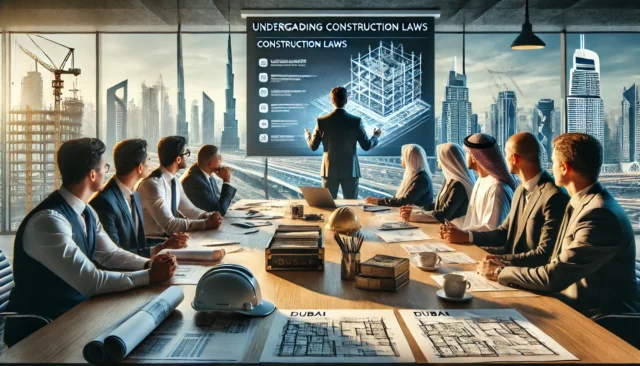 Contractors in Dubai learn construction laws with blueprints and guidelines in a formal meeting.