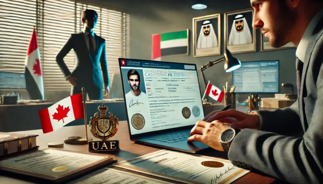 A person verifies a Canadian PR consultant’s credentials on a laptop in a professional UAE office with flags visible.