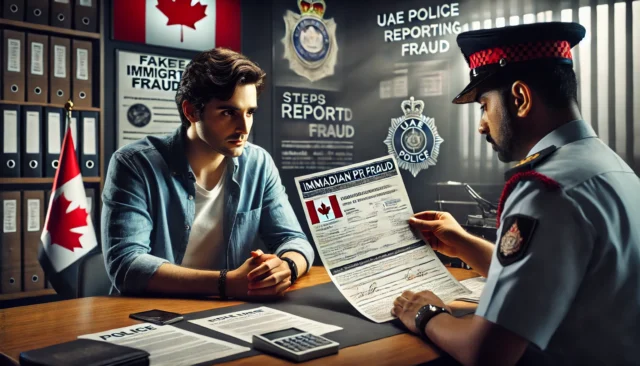 A victim of immigration fraud in the UAE hands fraudulent documents to a police officer in a formal station.