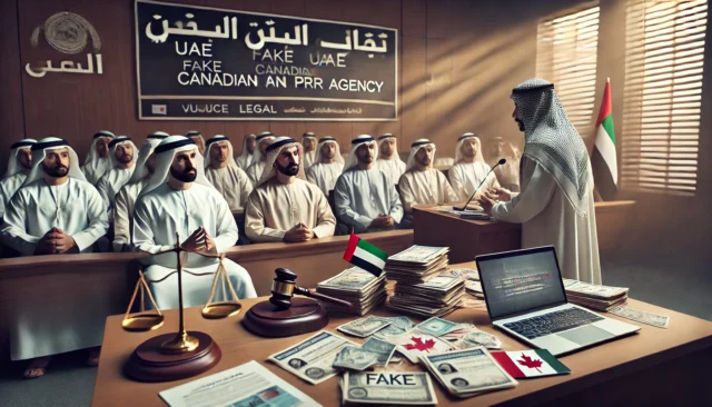 A UAE courtroom trial against a fake Canadian PR agency, with evidence and defendants in a formal setting.