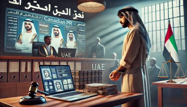 A UAE courtroom trial of a scammer with fake Canadian PR documents as evidence and the accused in handcuffs.