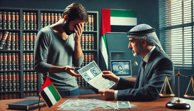 A victim of an immigration scam in the UAE hands fraudulent documents to a lawyer in a formal office.