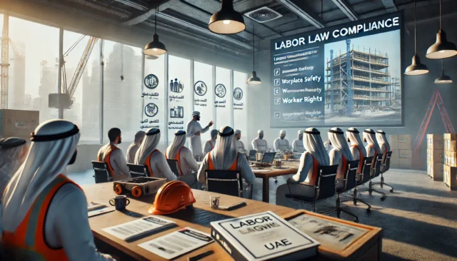 A UAE construction company meeting discussing labor law compliance with a presentation on worker rights and safety.