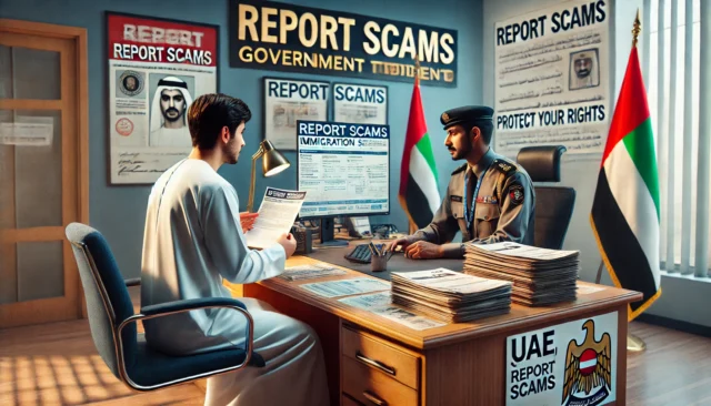 A UAE resident reports an immigration scam to a government officer with fraudulent documents and legal forms on the desk.