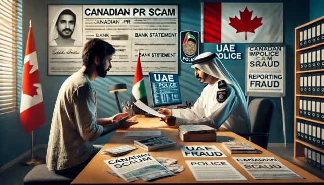 A victim reports a Canadian PR scam at a UAE police station, handing fraudulent documents to an officer.