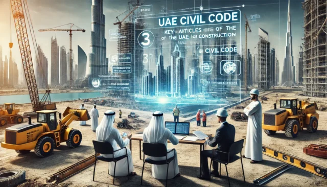 UAE construction site with legal advisors reviewing Civil Code