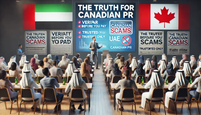 An educational seminar in the UAE with a speaker presenting tips on avoiding Canadian PR scams to an attentive audience.