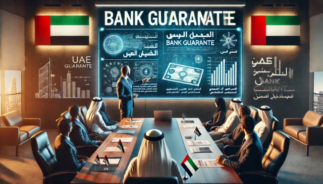 UAE corporate meeting with a professional explaining bank guarantees, a projector screen, and financial documents visible.