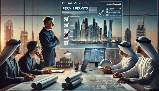 Architects and contractors in Dubai discuss construction permits with blueprints, documents, and a laptop displaying a permit portal.