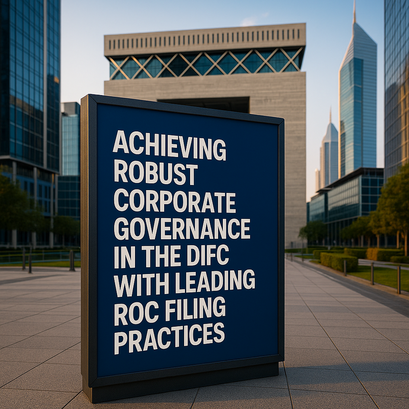 Business professionals reviewing DIFC ROC compliance documents in a modern Dubai office