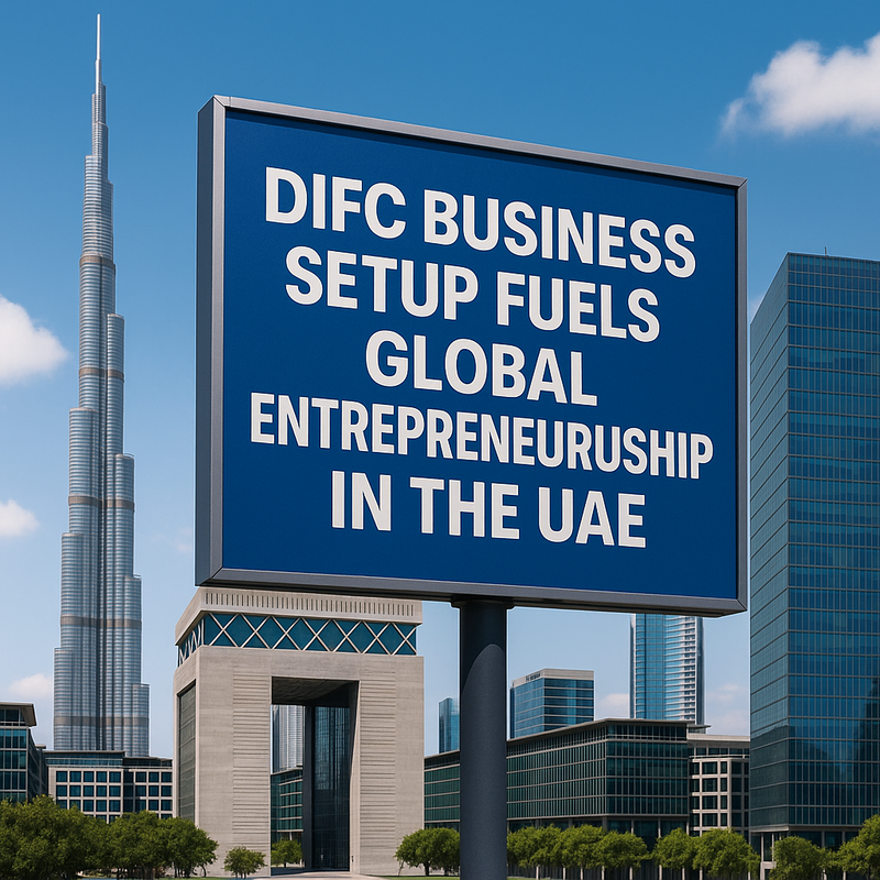 Modern DIFC skyline with international entrepreneurs meeting outdoors in Dubai