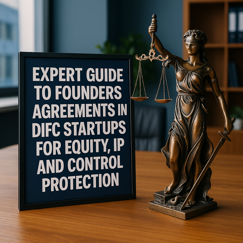 Founders signing legal agreement in DIFC boardroom for equity and IP protection