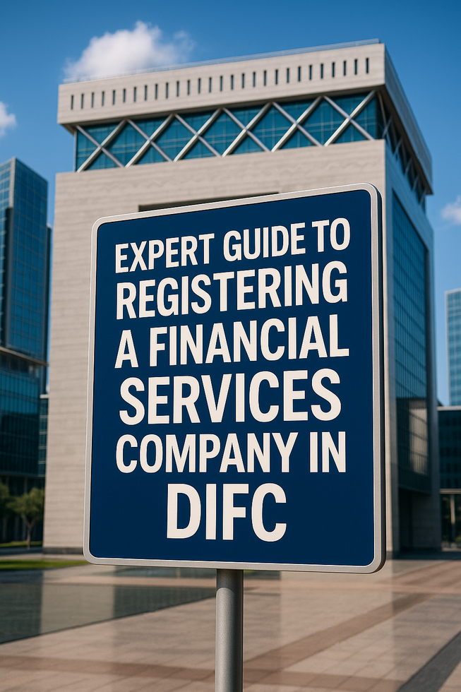 Aerial view of DIFC skyscrapers, legal documents, and businesspeople discussing company registration.