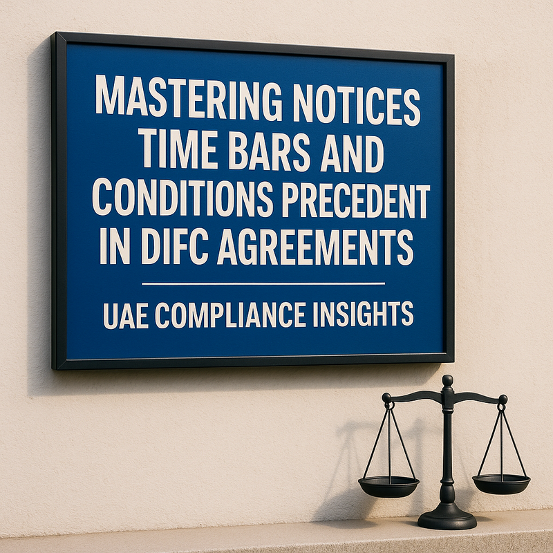 DIFC skyline at sunset with legal documents and digital compliance icons overlay