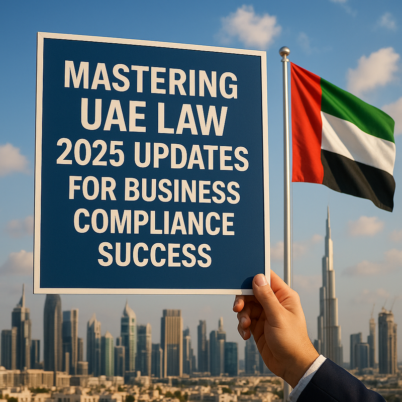 Conference room discussion with UAE legal documents and business compliance charts.