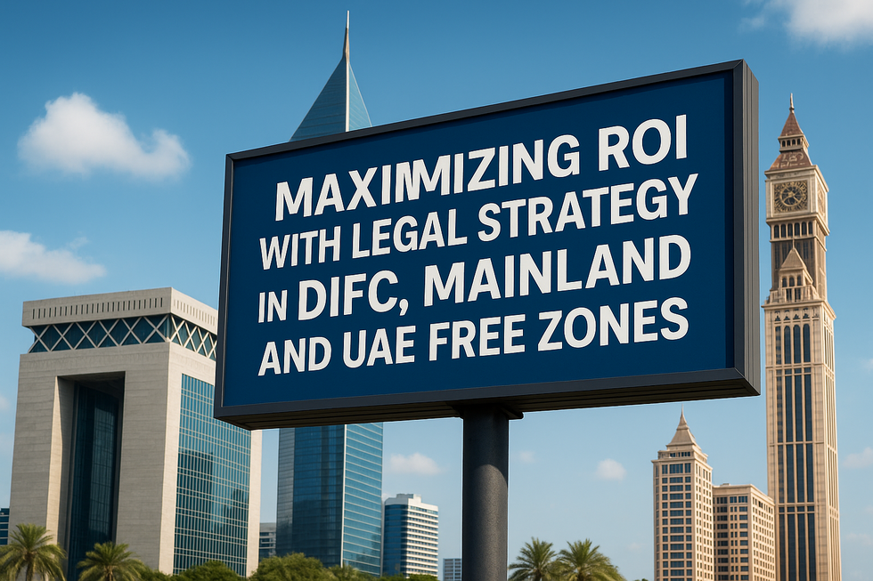 Comparison chart of DIFC, Mainland, and Free Zones illustrating legal and ROI differences.