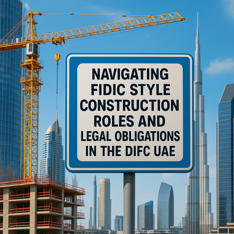 Modern construction site in Dubai DIFC with legal documents and skyline in background