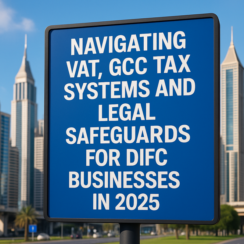 UAE DIFC skyline with tax, VAT, and legal compliance icons overlay