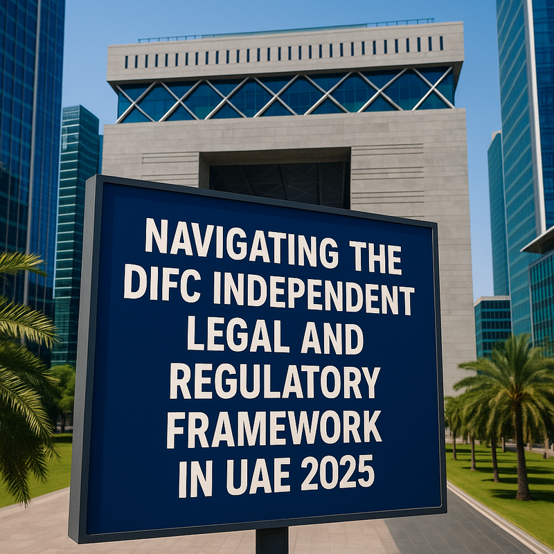 DIFC legal and regulatory framework infographic with UAE skyline