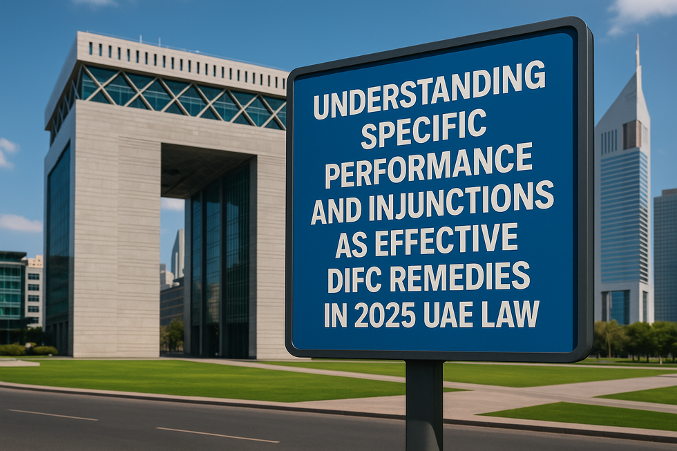 Gavel and legal contract on UAE and DIFC law books, symbolizing court-ordered remedies