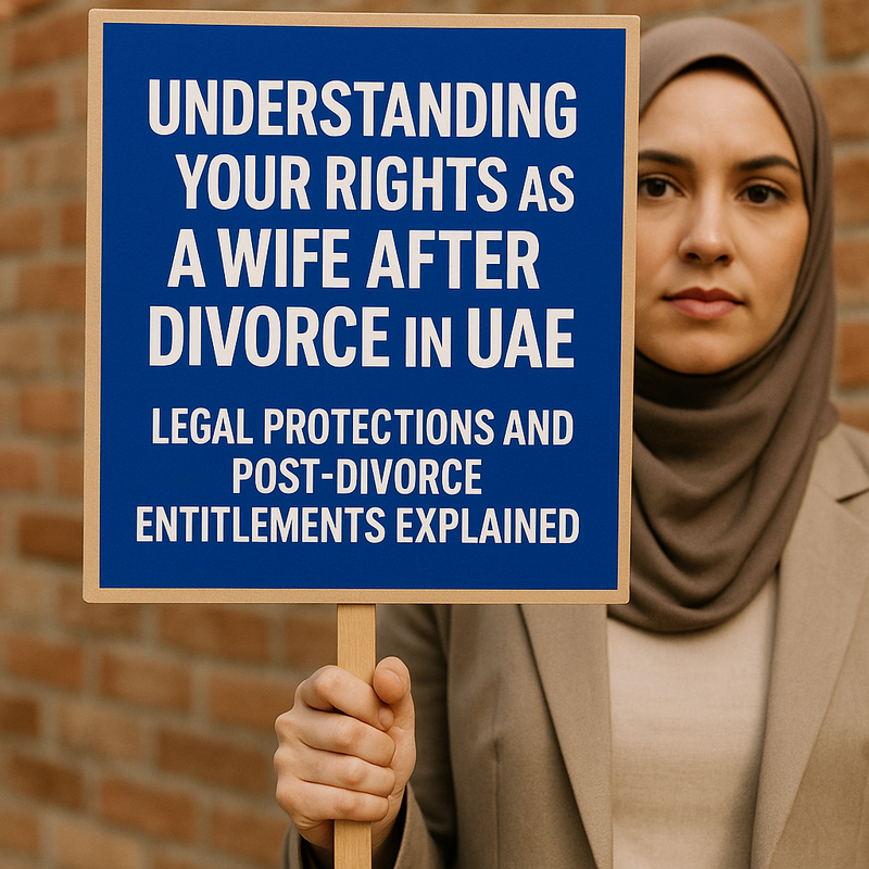 Illustration of legal documents, UAE courthouse, and a symbolic scales of justice representing post-divorce wife rights in the UAE.