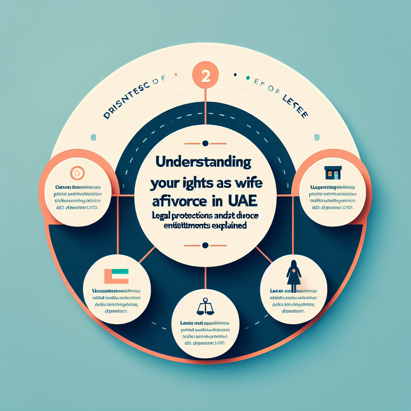 Illustration of legal documents, UAE courthouse, and a symbolic scales of justice representing post-divorce wife rights in the UAE.