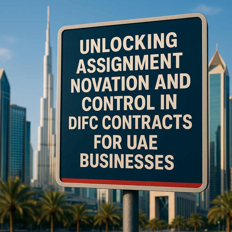 DIFC skyline with business contract and legal gavel symbolising contractual transfer and compliance