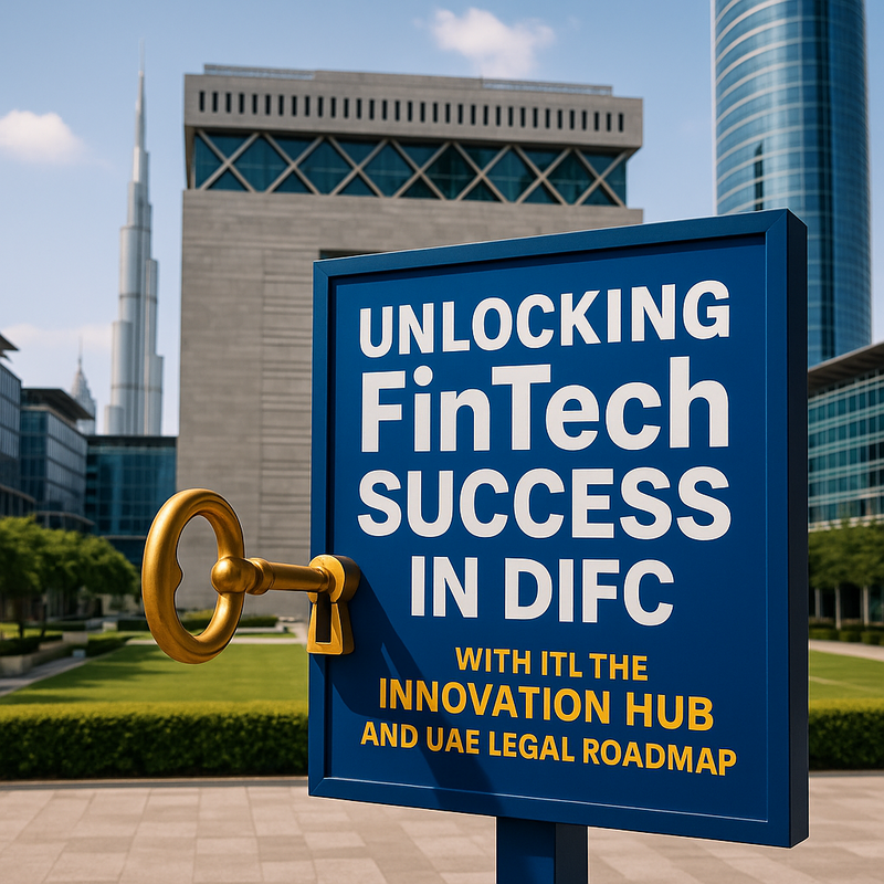 Stylized infographic illustrating the legal FinTech authorisation process in DIFC Innovation Hub.