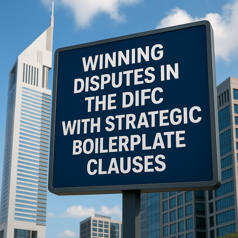 A confident legal advisor reviewing a DIFC contract highlighting key boilerplate clauses.