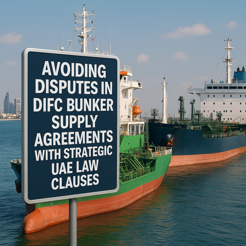 Legal contract with bunker fuel tanker in DIFC, symbolizing UAE law compliance
