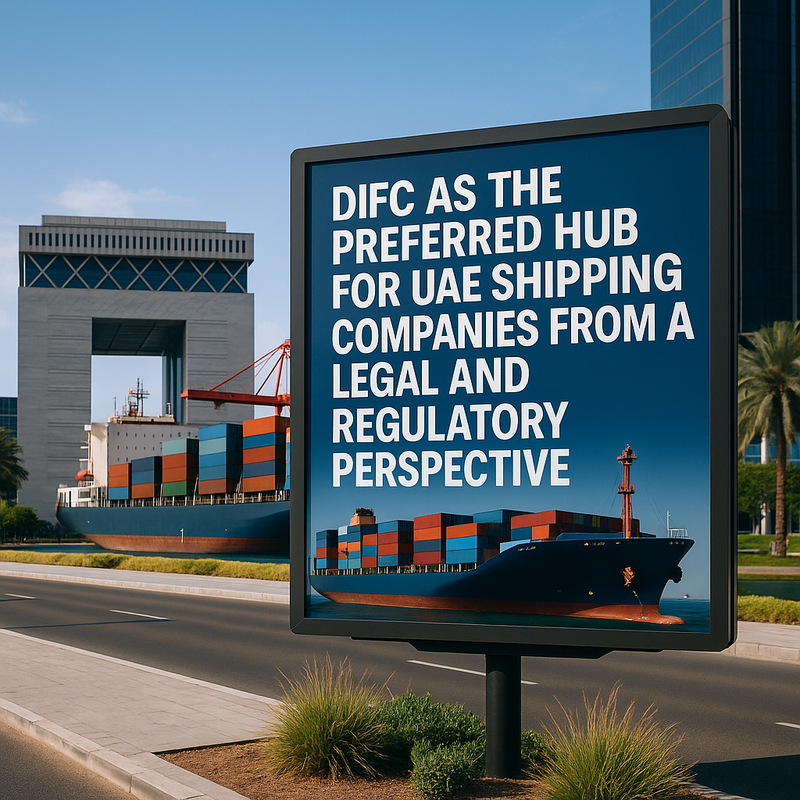 DIFC skyline with modern legal and maritime symbols representing Dubai's shipping hub